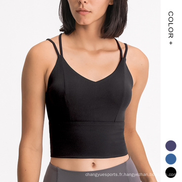 Tabarge à lanière sexy compression Crop compression Open arrière Yoga Top rembourré vierge de gym